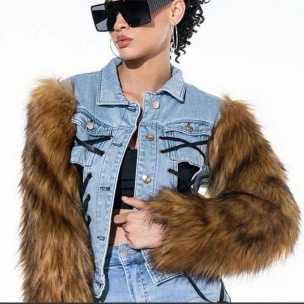 Azalea Wang Crush on You Lace Ip Denim Faux Fur Jacket